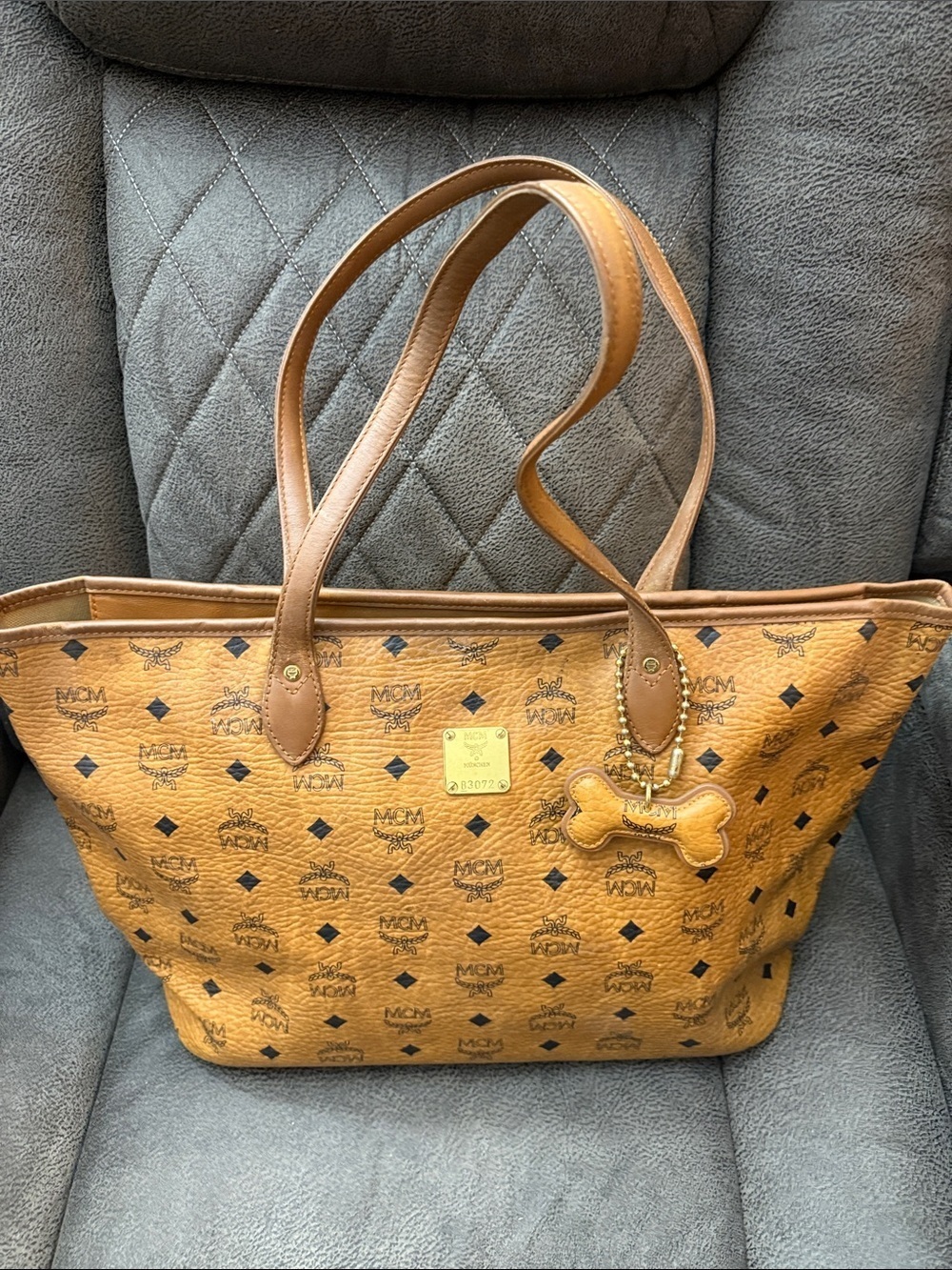 MCM Cognac Logo Visetos Tote with Bone Charm